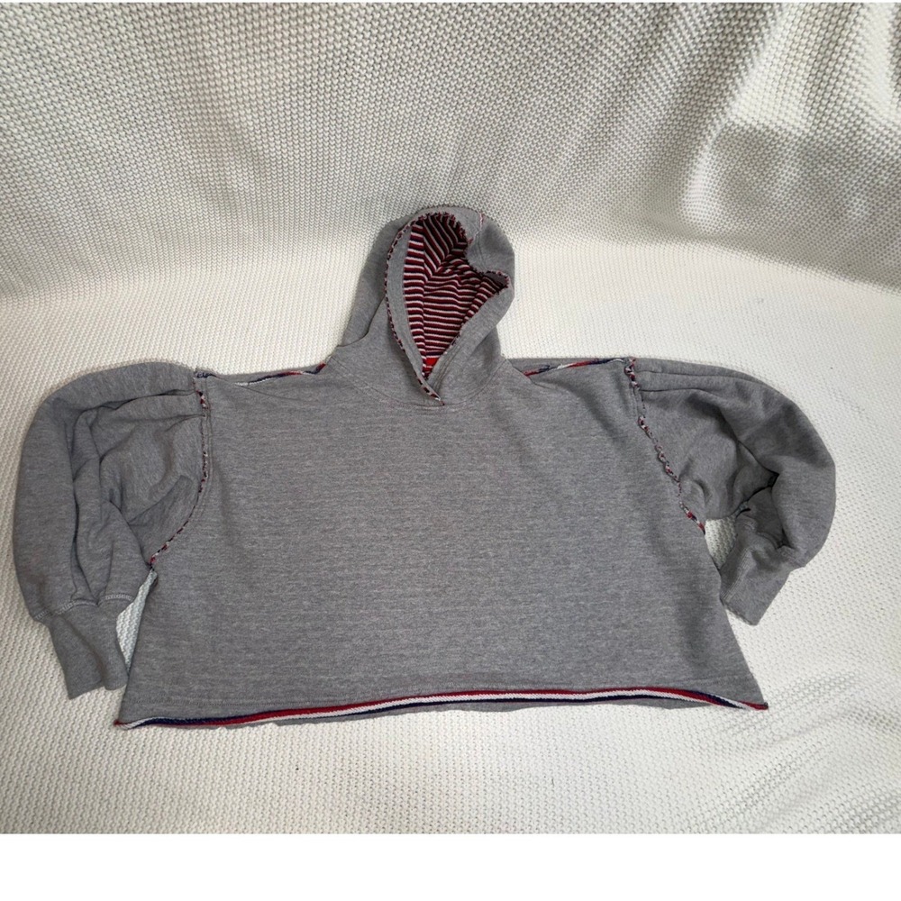 Free People Movement Cropped Hoodie Gray Puff Sleeve Exposed Seam Striped Trim